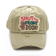SHUT THE FRONT DOOR Khaki Factory Distressed Cap Ladies Hat Adjustable  eb-67738317
